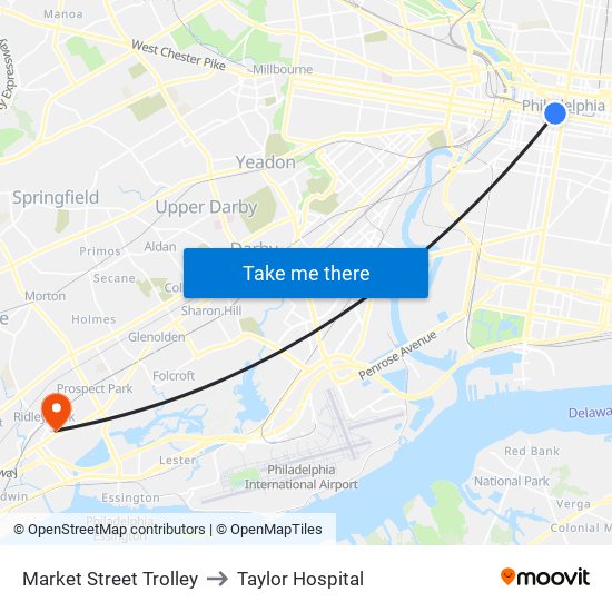 Market Street Trolley to Taylor Hospital map