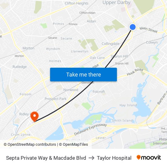 Septa Private Way & Macdade Blvd to Taylor Hospital map