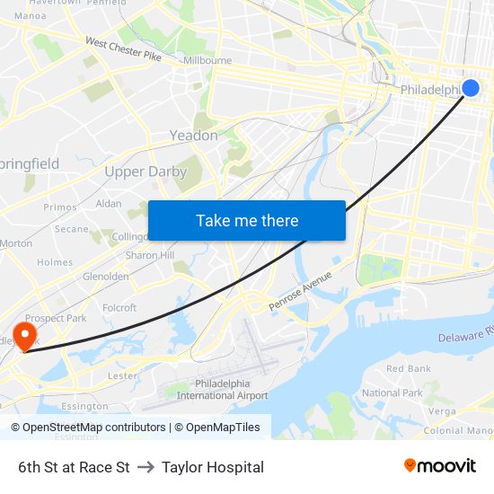 6th St at Race St to Taylor Hospital map