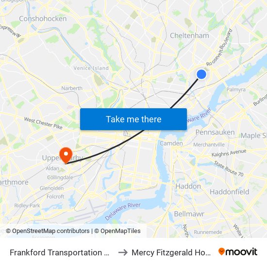 Frankford Transportation Center to Mercy Fitzgerald Hospital map