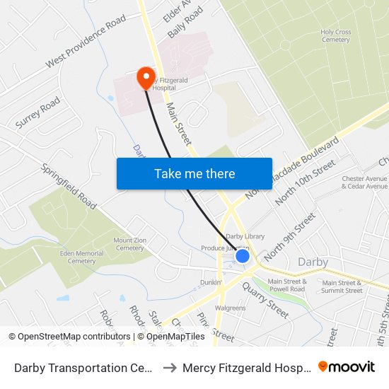 Darby Transportation Center to Mercy Fitzgerald Hospital map