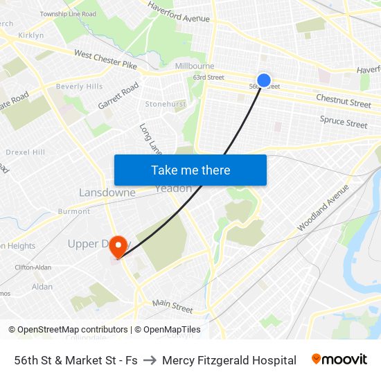 56th St & Market St - Fs to Mercy Fitzgerald Hospital map