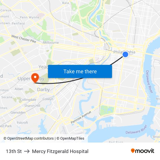 13th St to Mercy Fitzgerald Hospital map