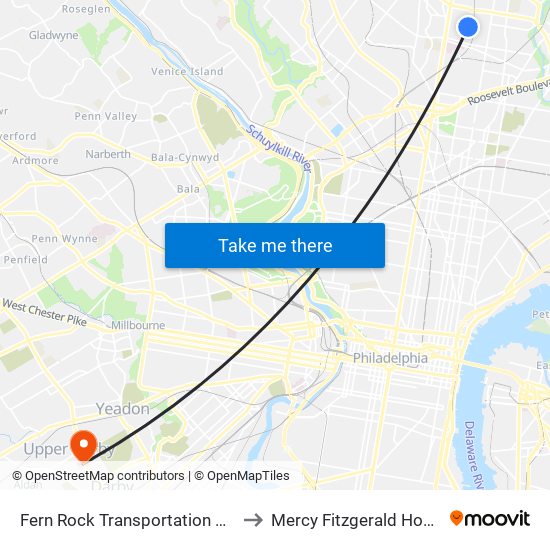 Fern Rock Transportation Center to Mercy Fitzgerald Hospital map