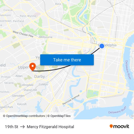 19th St to Mercy Fitzgerald Hospital map