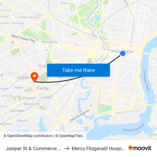 Juniper St & Commerce St to Mercy Fitzgerald Hospital map