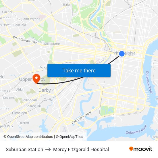 Suburban Station to Mercy Fitzgerald Hospital map
