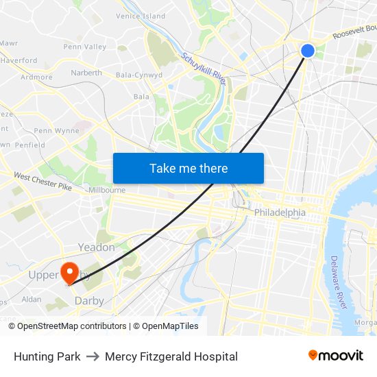 Hunting Park to Mercy Fitzgerald Hospital map