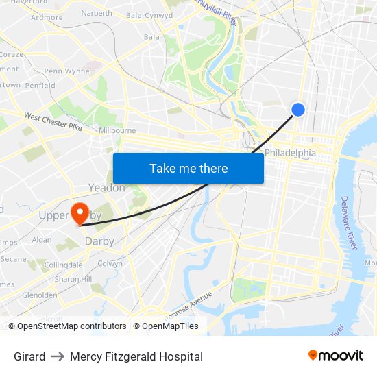 Girard to Mercy Fitzgerald Hospital map