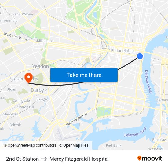 2nd St Station to Mercy Fitzgerald Hospital map