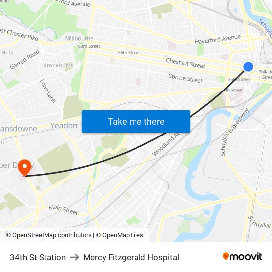 34th St Station to Mercy Fitzgerald Hospital map