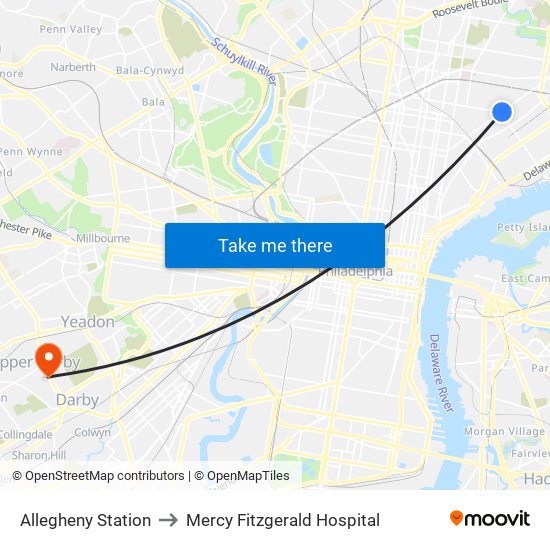 Allegheny Station to Mercy Fitzgerald Hospital map