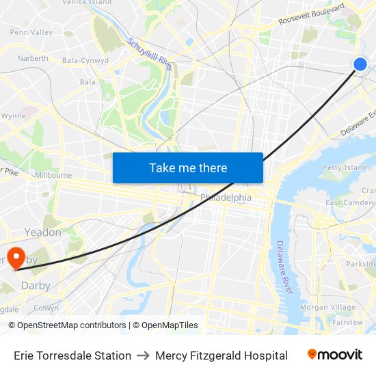 Erie Torresdale Station to Mercy Fitzgerald Hospital map