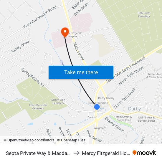 Septa Private Way & Macdade Blvd to Mercy Fitzgerald Hospital map