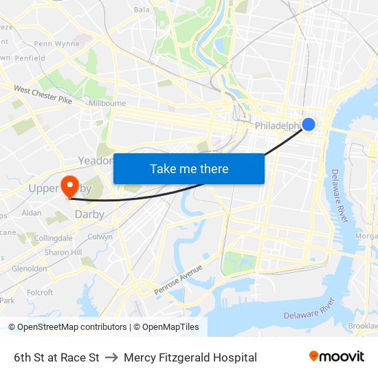 6th St at Race St to Mercy Fitzgerald Hospital map