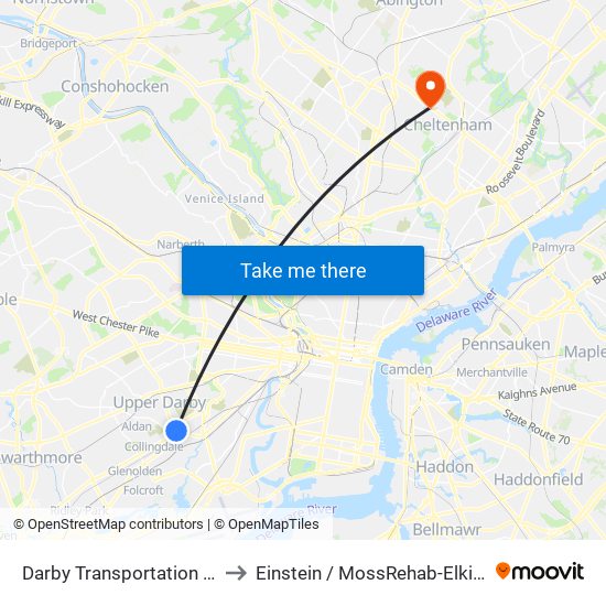 Darby Transportation Center to Einstein / MossRehab-Elkins Park map