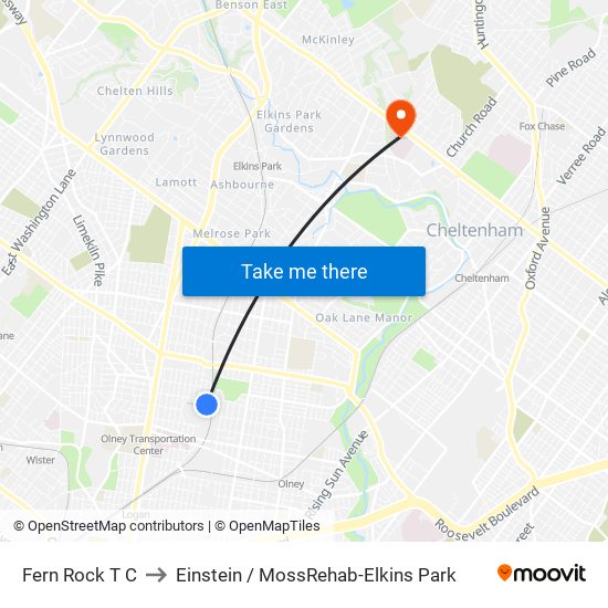 Fern Rock T C to Einstein / MossRehab-Elkins Park map