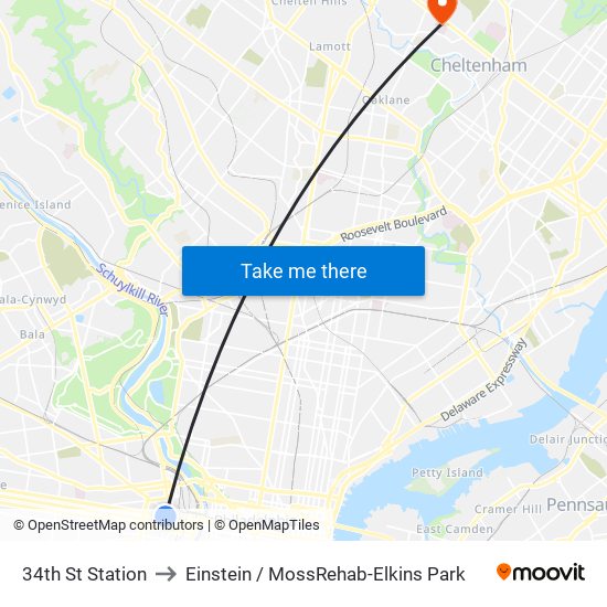 34th St Station to Einstein / MossRehab-Elkins Park map