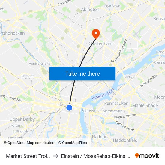 Market Street Trolley to Einstein / MossRehab-Elkins Park map