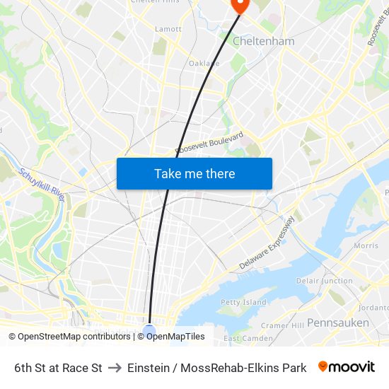 6th St at Race St to Einstein / MossRehab-Elkins Park map