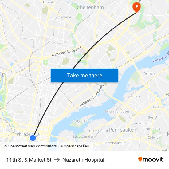 11th St & Market St to Nazareth Hospital map