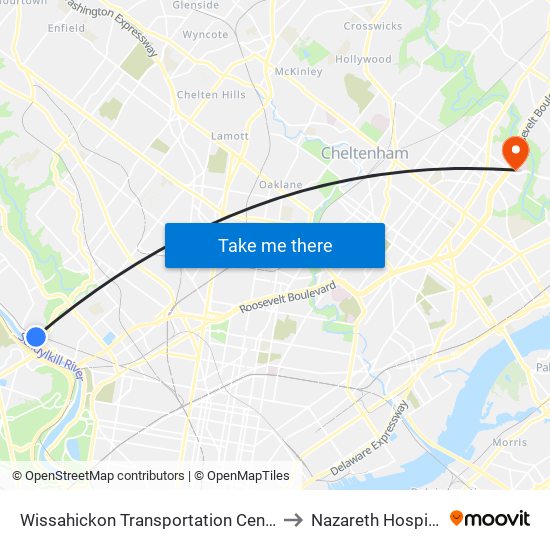 Wissahickon Transportation Center to Nazareth Hospital map