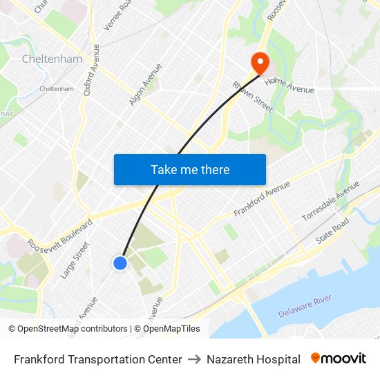 Frankford Transportation Center to Nazareth Hospital map
