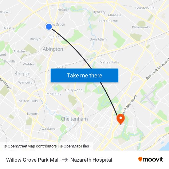 Willow Grove Park Mall to Nazareth Hospital map