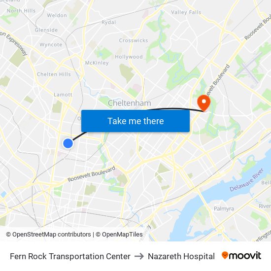 Fern Rock Transportation Center to Nazareth Hospital map