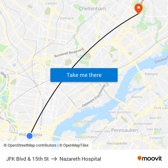 JFK Blvd & 15th St to Nazareth Hospital map