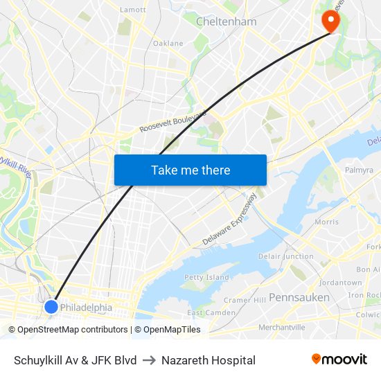 Schuylkill Av & JFK Blvd to Nazareth Hospital map
