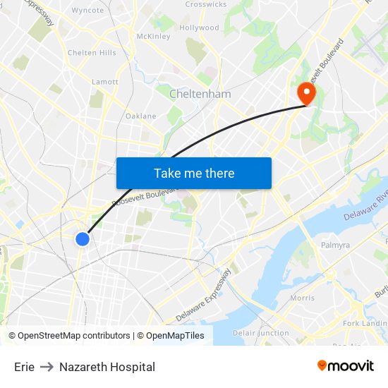 Erie to Nazareth Hospital map