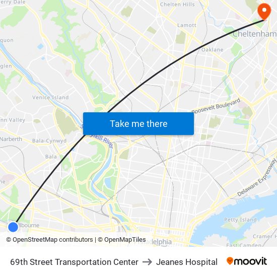 69th Street Transportation Center to Jeanes Hospital map