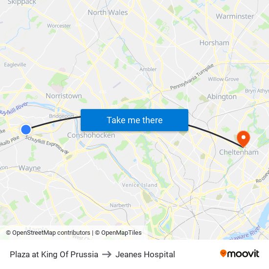 Plaza at King Of Prussia to Jeanes Hospital map
