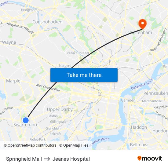 Springfield Mall to Jeanes Hospital map