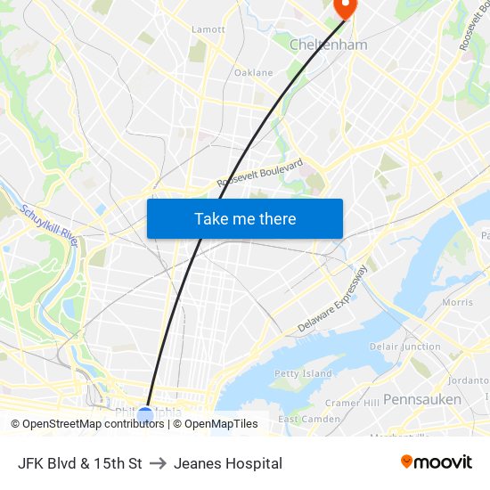 JFK Blvd & 15th St to Jeanes Hospital map