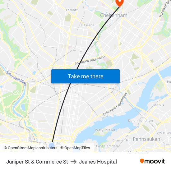Juniper St & Commerce St to Jeanes Hospital map