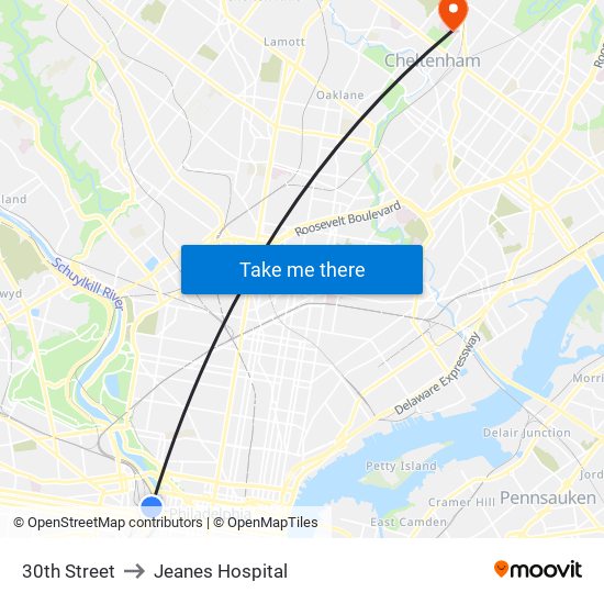 30th Street to Jeanes Hospital map