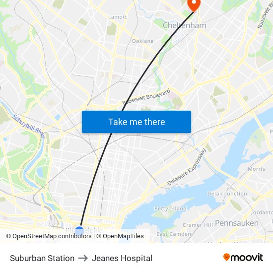 Suburban Station to Jeanes Hospital map