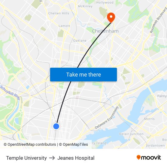 Temple University to Jeanes Hospital map