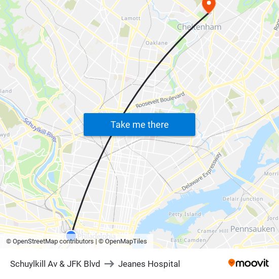Schuylkill Av & JFK Blvd to Jeanes Hospital map