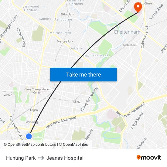 Hunting Park to Jeanes Hospital map