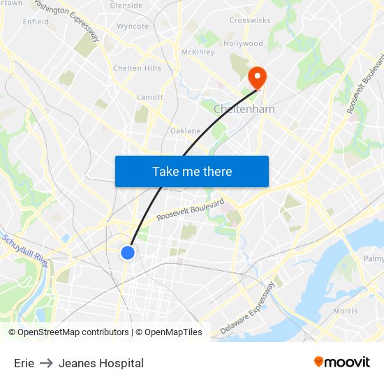 Erie to Jeanes Hospital map