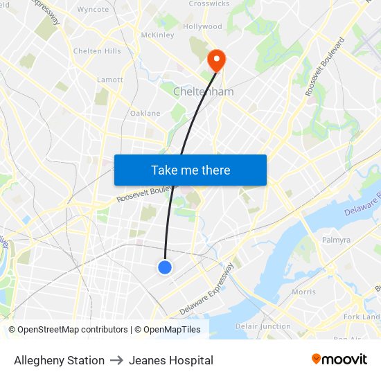 Allegheny Station to Jeanes Hospital map
