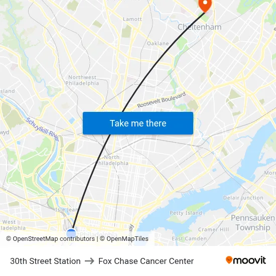 30th Street Station to Fox Chase Cancer Center map