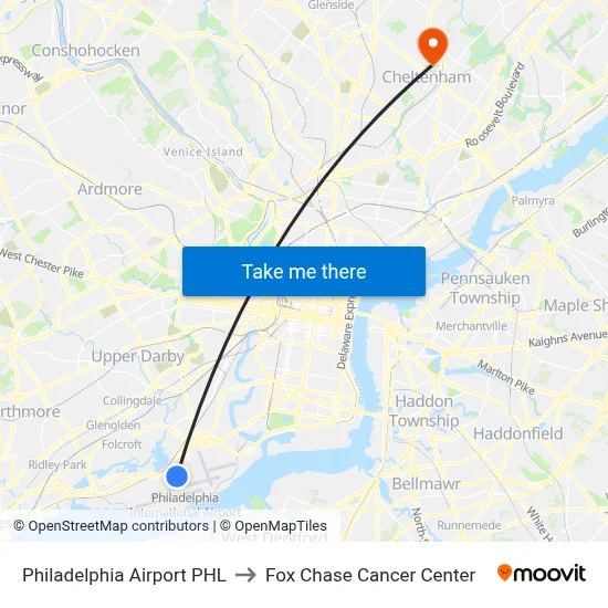 Philadelphia Airport PHL to Fox Chase Cancer Center map