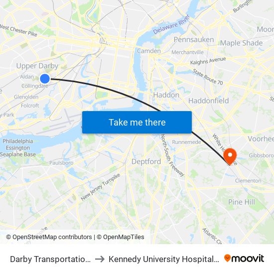 Darby Transportation Center to Kennedy University Hospital - Stratford map