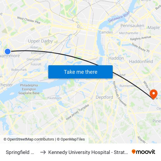 Springfield Mall to Kennedy University Hospital - Stratford map