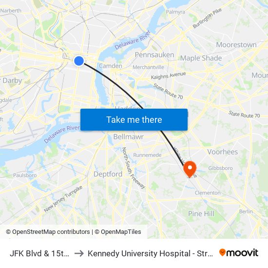 JFK Blvd & 15th St to Kennedy University Hospital - Stratford map