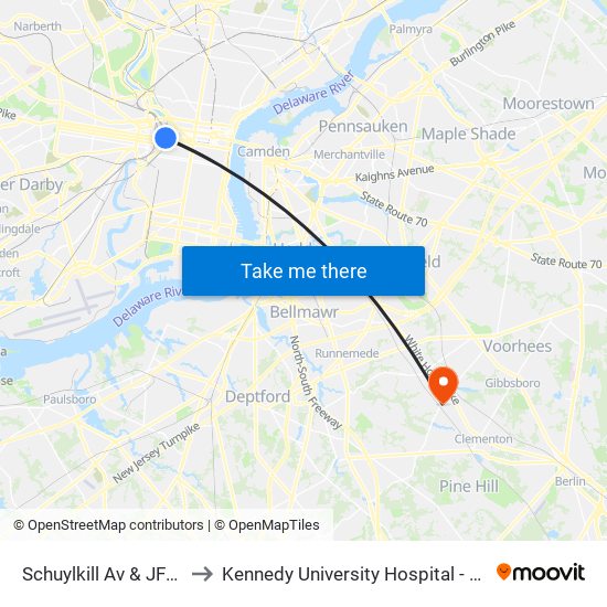 Schuylkill Av & JFK Blvd to Kennedy University Hospital - Stratford map